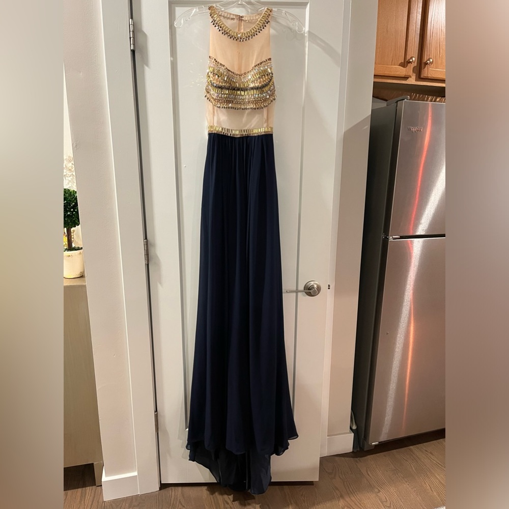 Terani couture navy blue evening dress with gold beading . Size 2